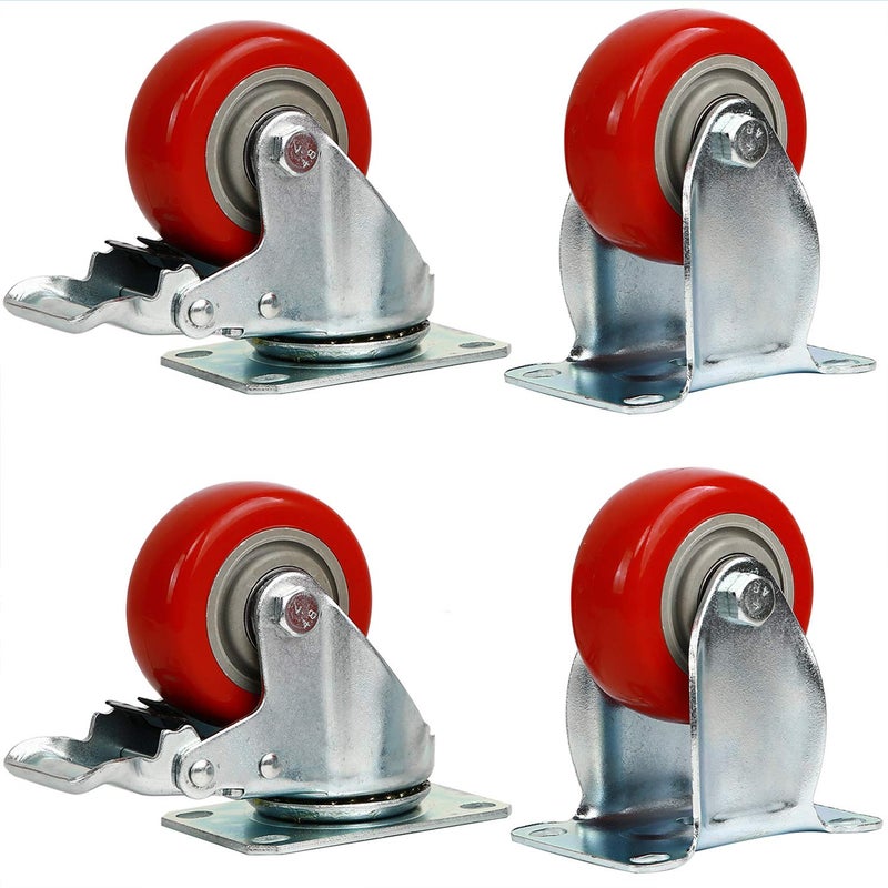 KINJOEK 4 Packs 3 Inches (2 with Brakes, 2 Without) Fixed Caster Wheels Set, KINJOEK Polyurethane Caster Wheels with Brakes for Carts, Furniture, Workbench, Trolley, 617lb Total Capacity - Image 1